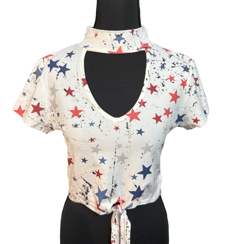 Gaze White Crop Top with Red and Blue Stars